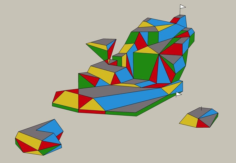 The same island as flat color zones read by the engine